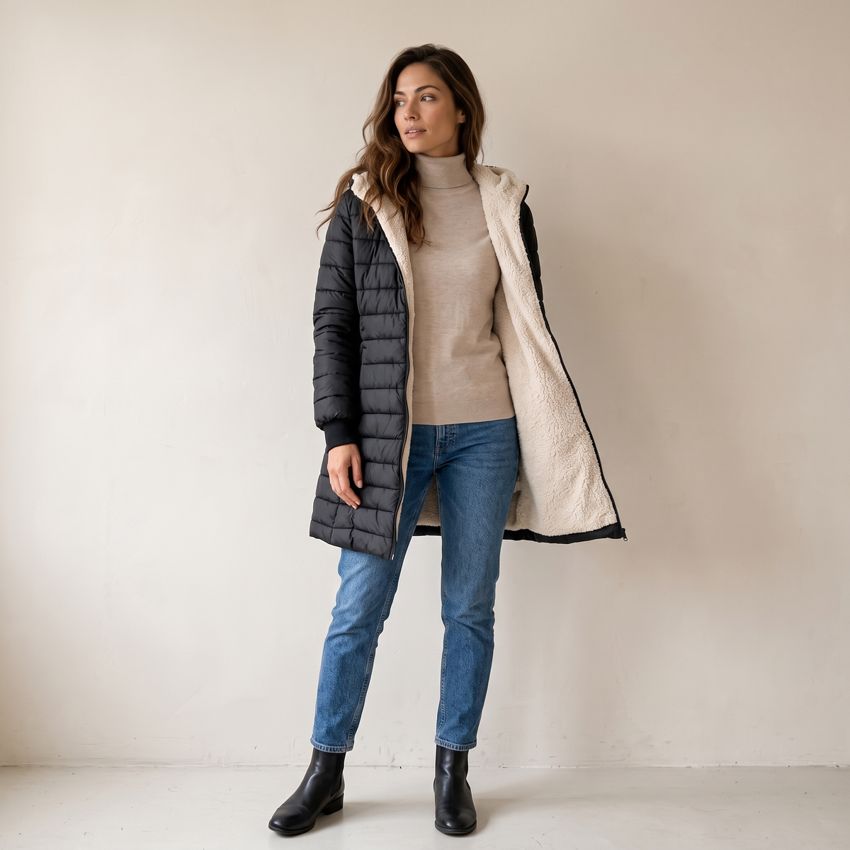 Ginevra Gevoerde Winterjas open met teddyvoering Zwart – Elyssor Fashion