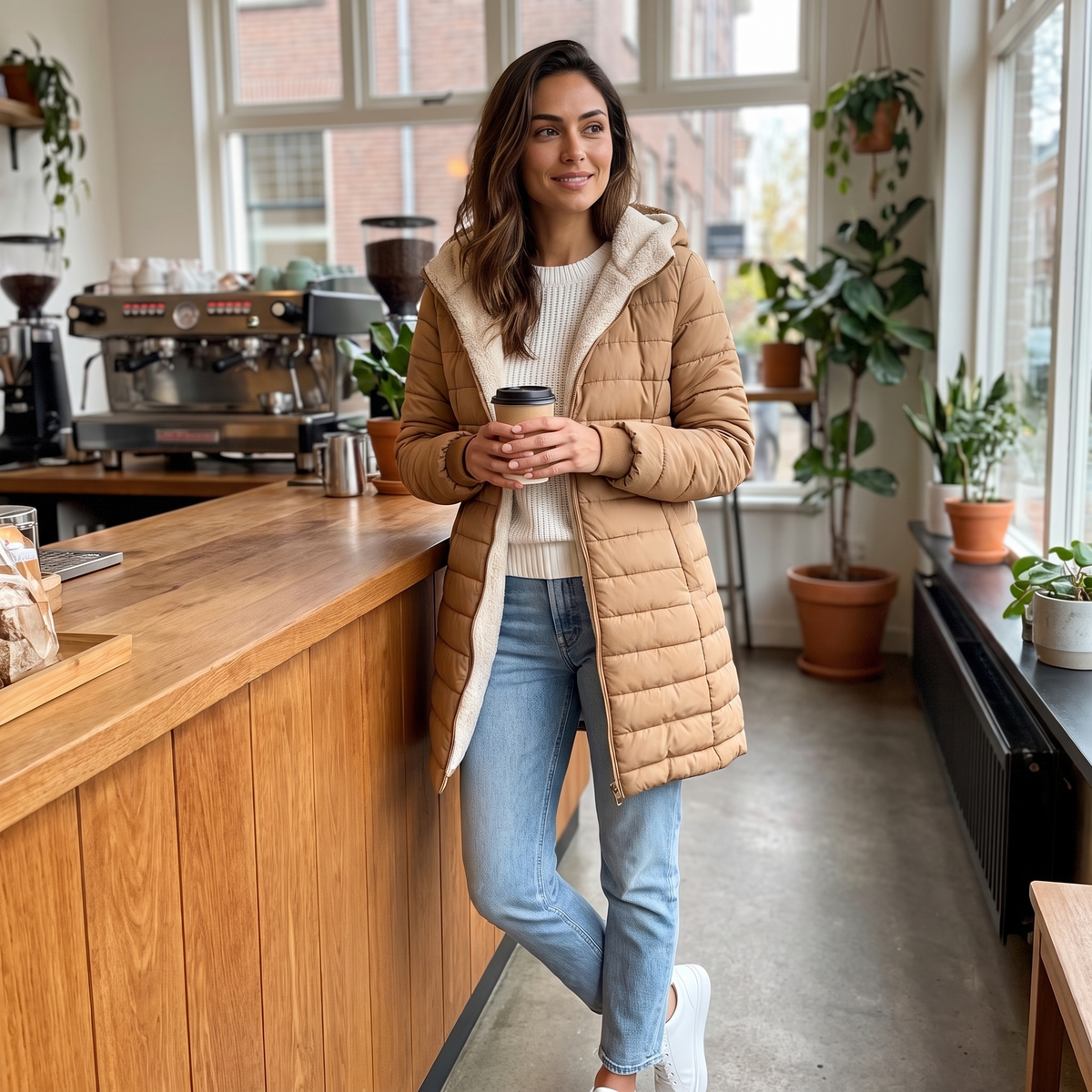 Ginevra Gevoerde Winterjas in de koffiebar Camel – Elyssor Fashion