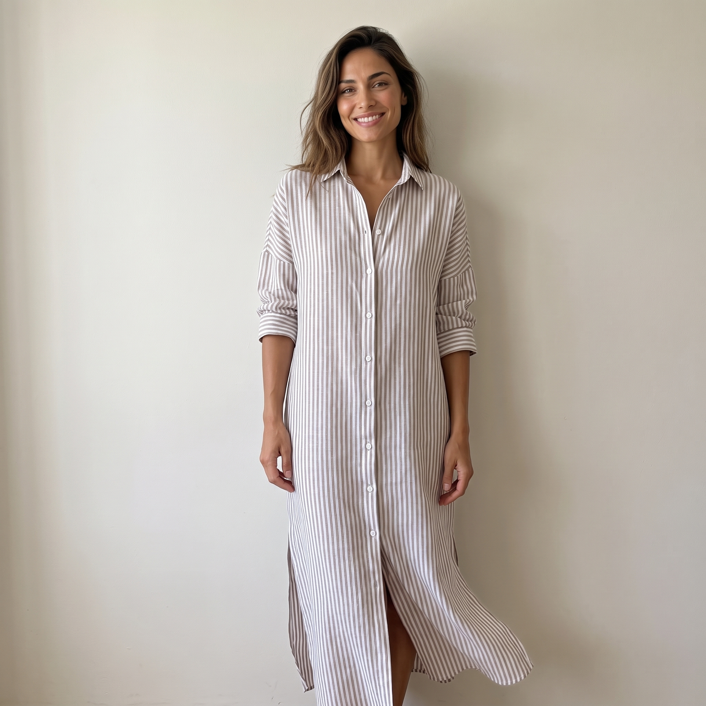 Capri Gestreepte Blousejurk – Kreukvrije Maxi Jurk met Knoopsluiting