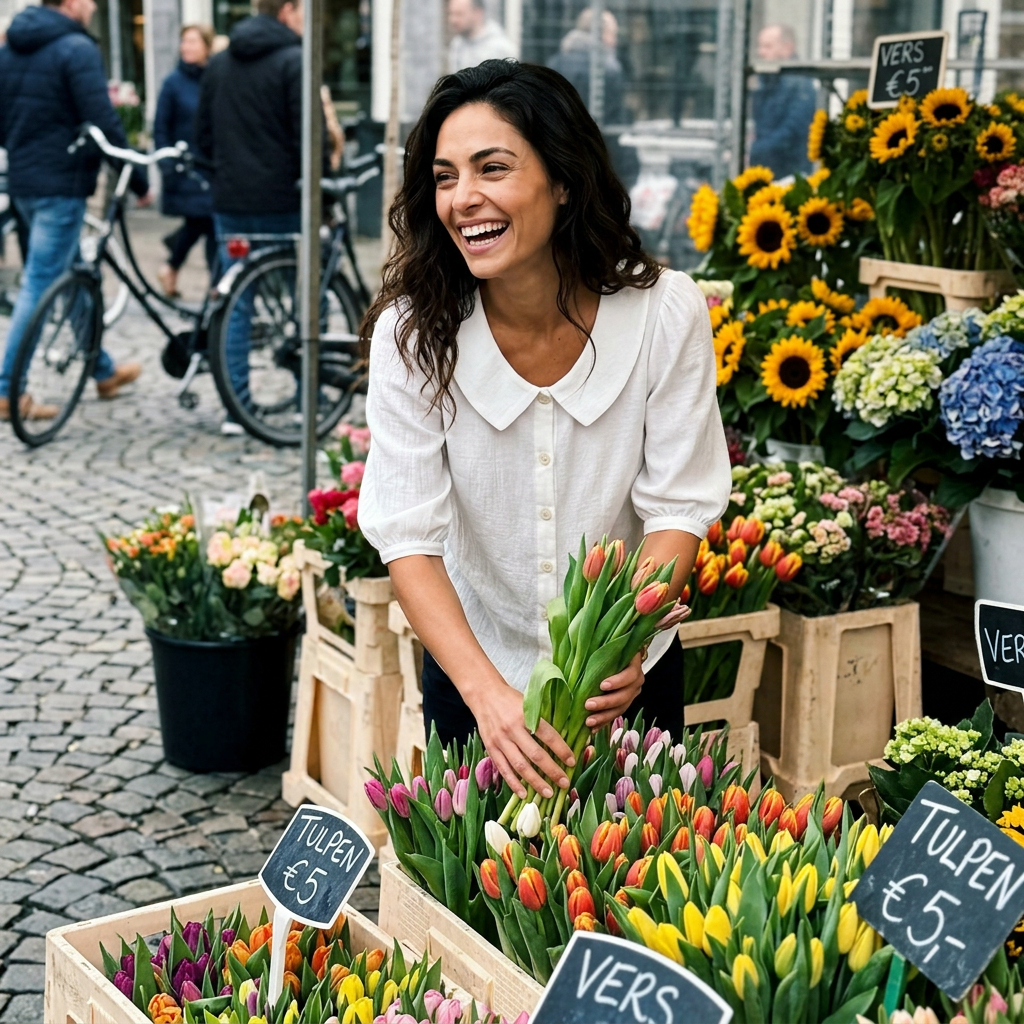 Vrouw draagt de Solene Zomerblouse op een Nederlandse markt