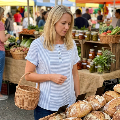 Vrouw draagt de Elodie Gestreepte Blouse op een versmarkt