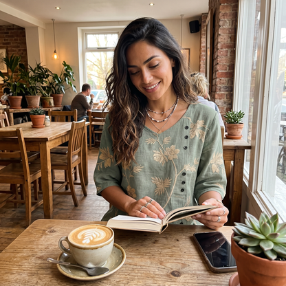 Margaux bloemenblouse in een koffiehuis