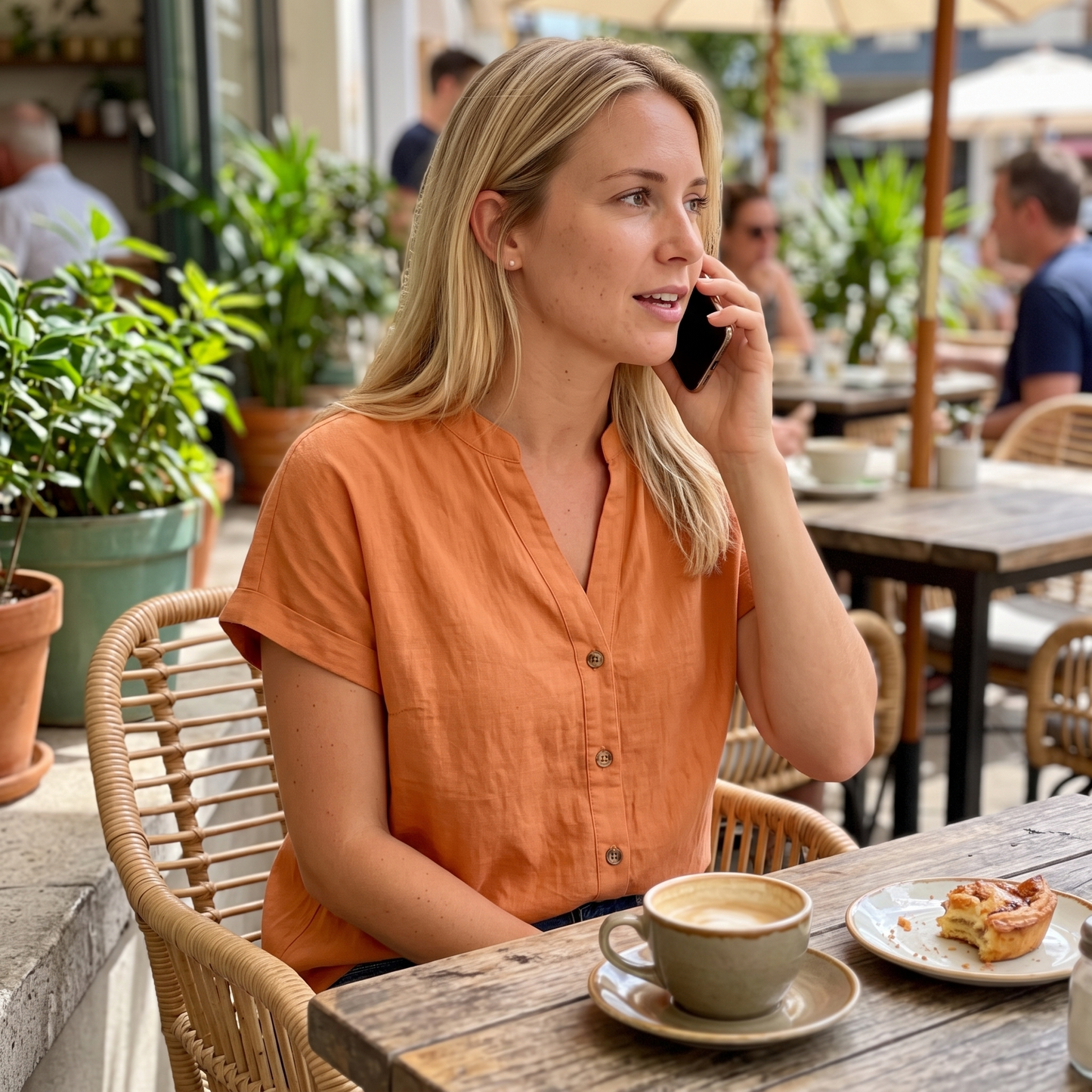 Liora Blouse oranje - sfeerbeeld op zonnig terras