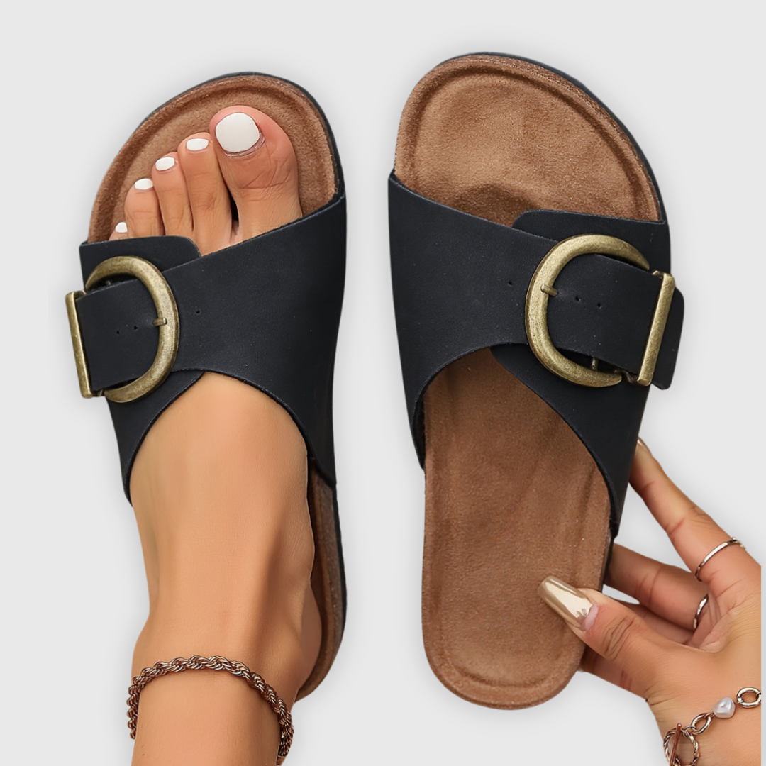 Inge comfortsandalen met gespsluiting zwart en lichtroze – Elyssor Fashion