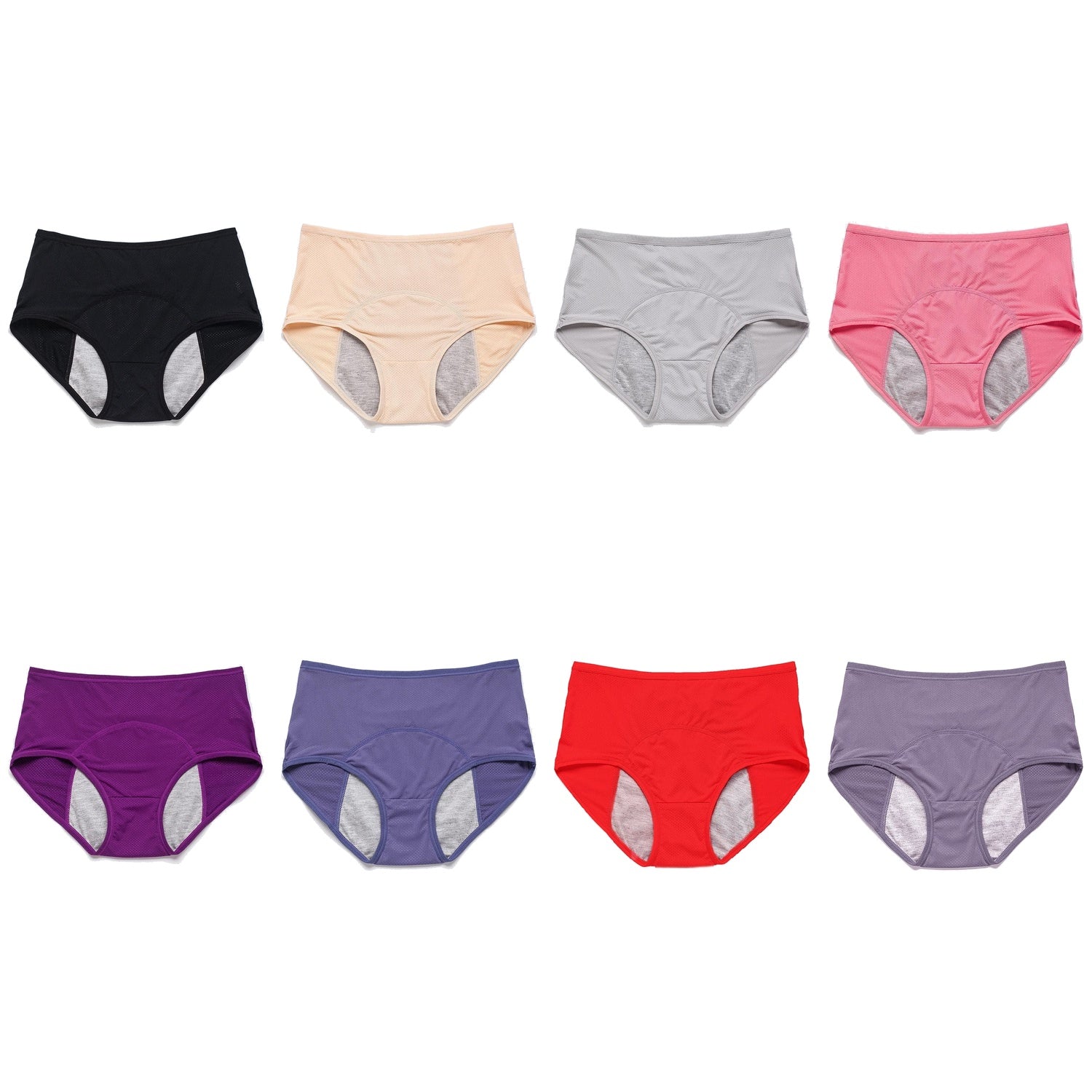Kleurenoverzicht van de Lucia lekvrije slip met alle acht kleuren – Elyssor Fashion
