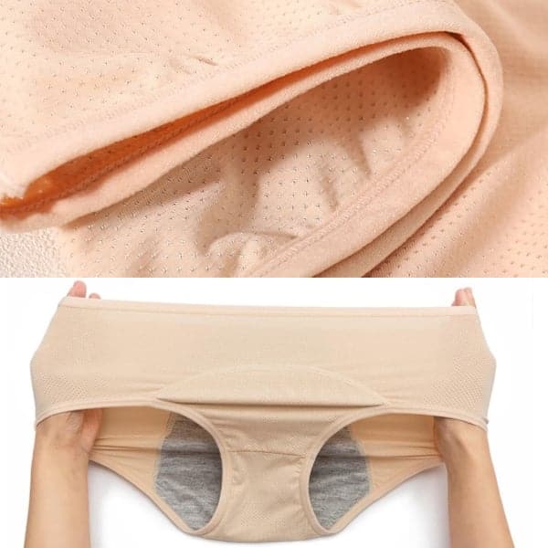 Detail van de absorberende laag en de brede tailleband van de Lucia lekvrije slip in huidskleur – Elyssor Fashion