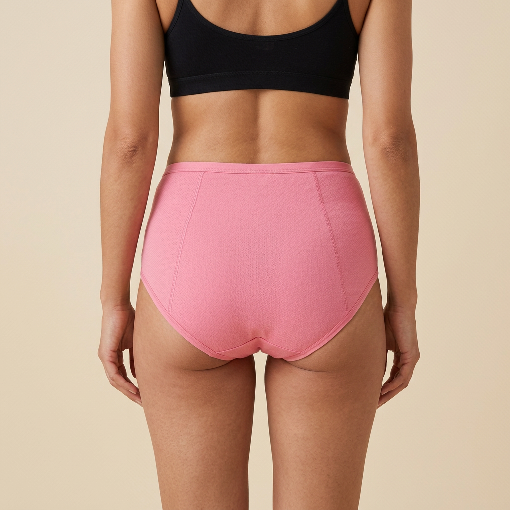 Lucia lekvrije slip in zacht roze gedragen, achteraanzicht met volledige bedekking – Elyssor Fashion