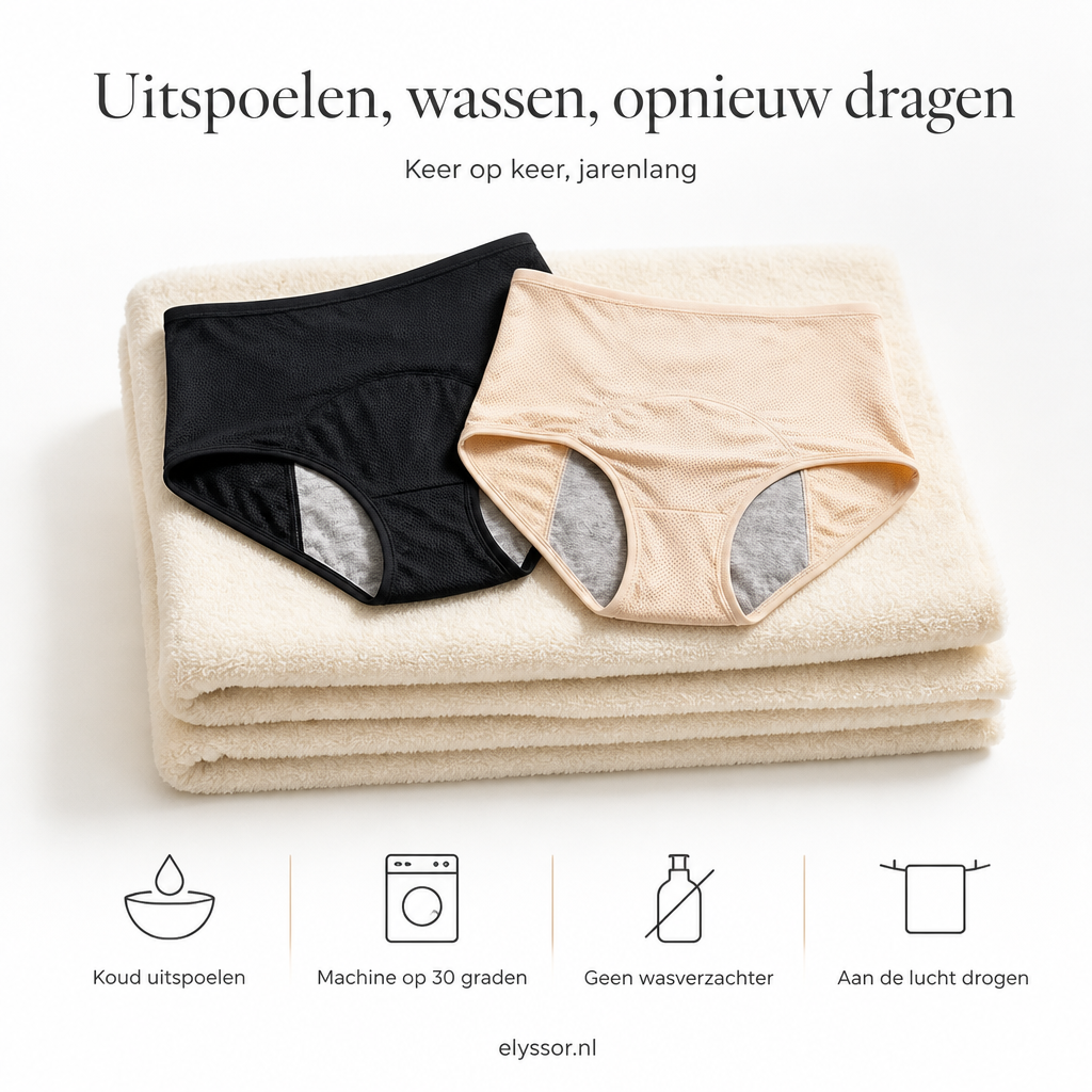 Wasadvies voor de Lucia lekvrije slip: koud uitspoelen, machine op 30 graden, geen wasverzachter, aan de lucht drogen – Elyssor Fashion