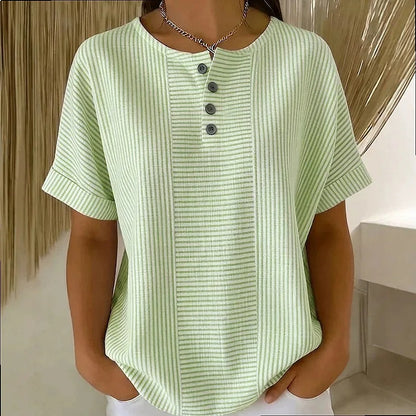 Elodie Gestreepte Blouse - Ronde Hals met Knoopdetail
