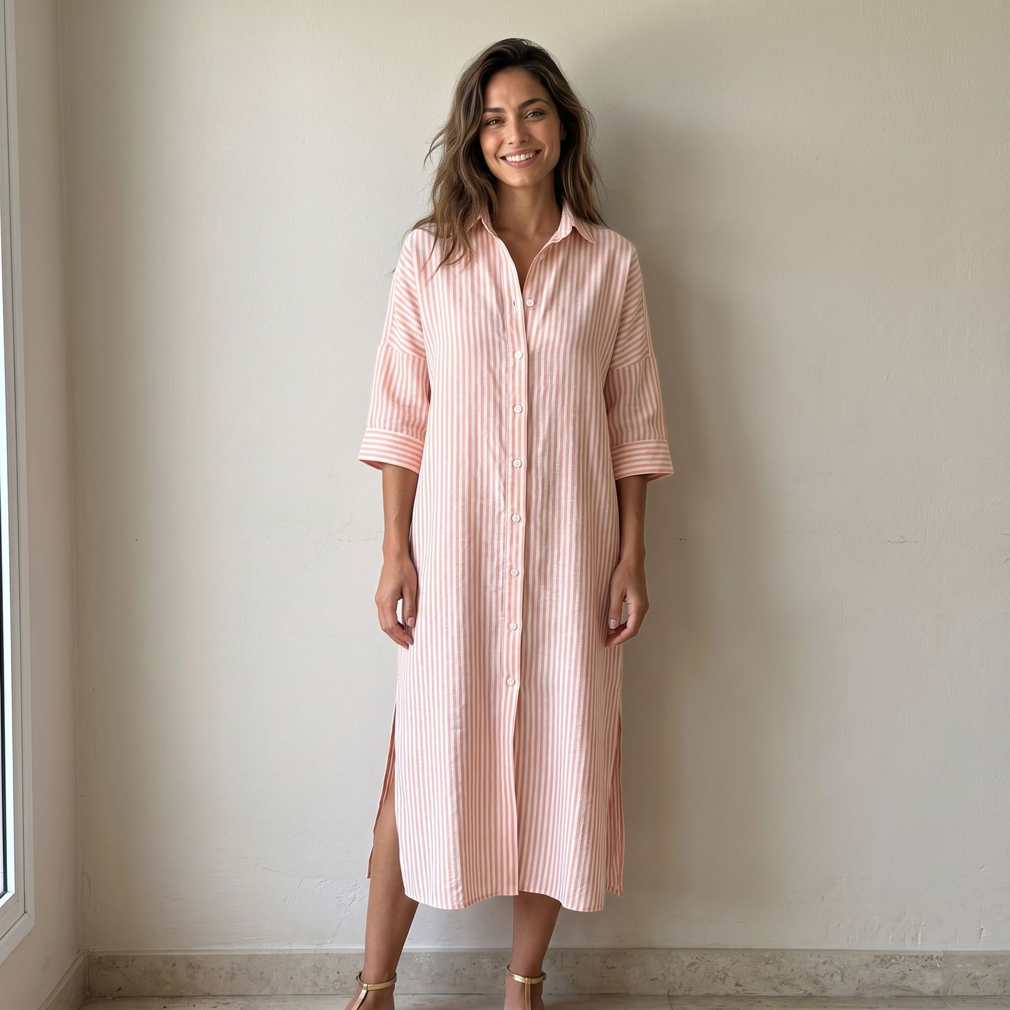 Capri Gestreepte Blousejurk – Kreukvrije Maxi Jurk met Knoopsluiting