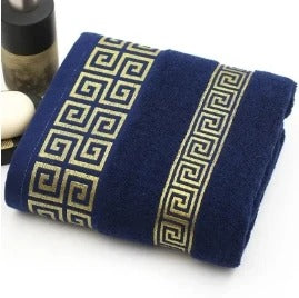 Santorini katoenen handdoek met geborduurde Griekse meander-rand in marineblauw – Elyssor Fashion