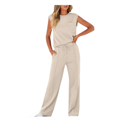 Serena Set volledige look met mouwloze top en trekkoordbroek, abrikoos – Elyssor Fashion