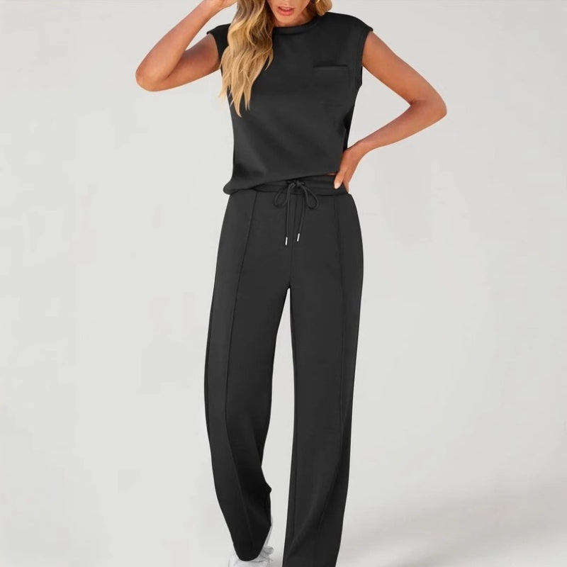 Serena Set volledige look met mouwloze top en trekkoordbroek, zwart – Elyssor Fashion