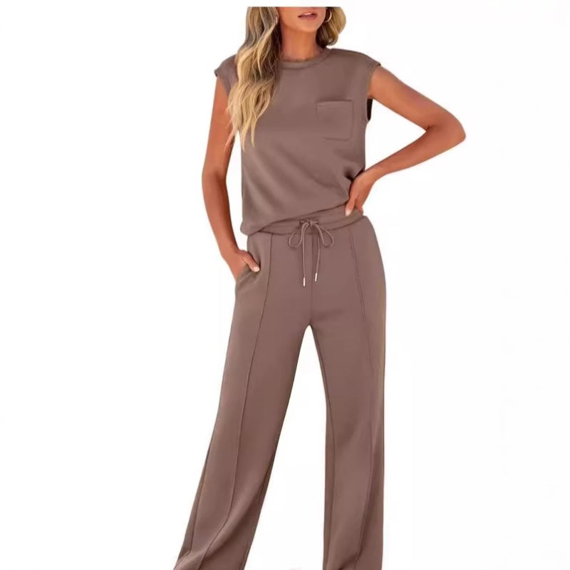 Serena Set volledige look met mouwloze top en trekkoordbroek, bruin – Elyssor Fashion
