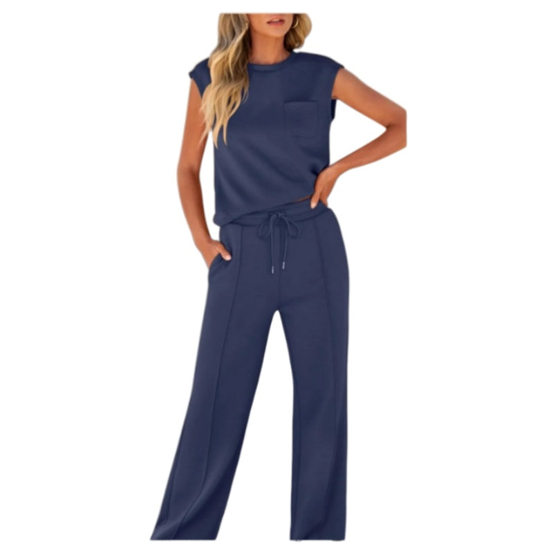 Serena Set volledige look met mouwloze top en trekkoordbroek, donkerblauw – Elyssor Fashion