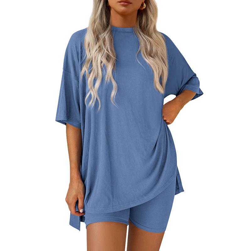 Siena blauwe loungeset met oversized tee en biker short – Elyssor Fashion