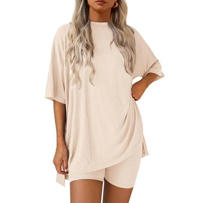 Siena beige loungeset met oversized tee en biker short – Elyssor Fashion