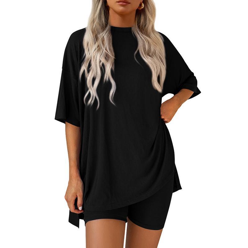 Siena zwarte loungeset met oversized tee en biker short – Elyssor Fashion
