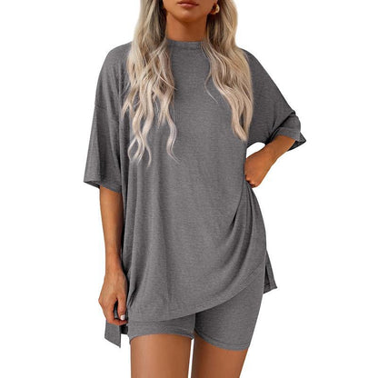 Siena grijze loungeset met oversized tee en biker short – Elyssor Fashion