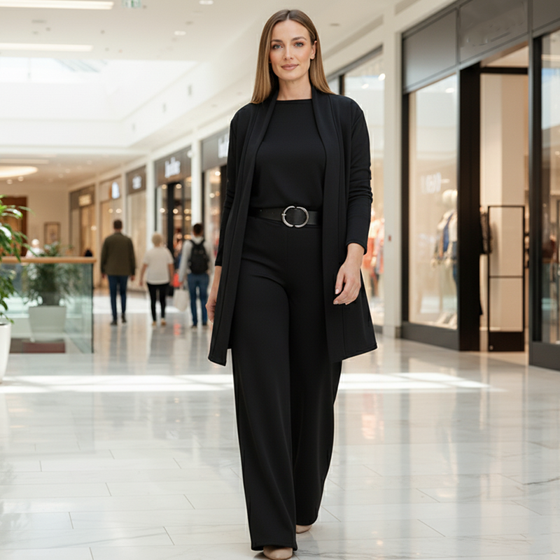 Soraya 3-delige set met lang vest over top en wijde broek, gedragen in de stad, zwart – Elyssor Fashion