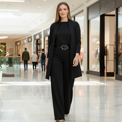 Soraya 3-delige set met lang vest over top en wijde broek, gedragen in de stad, zwart – Elyssor Fashion