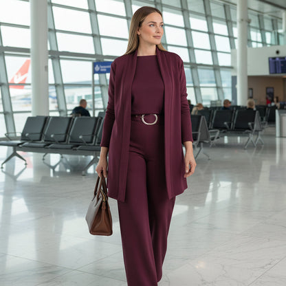 Soraya 3-delige set met lang vest over top en wijde broek, onderweg gedragen, rood – Elyssor Fashion