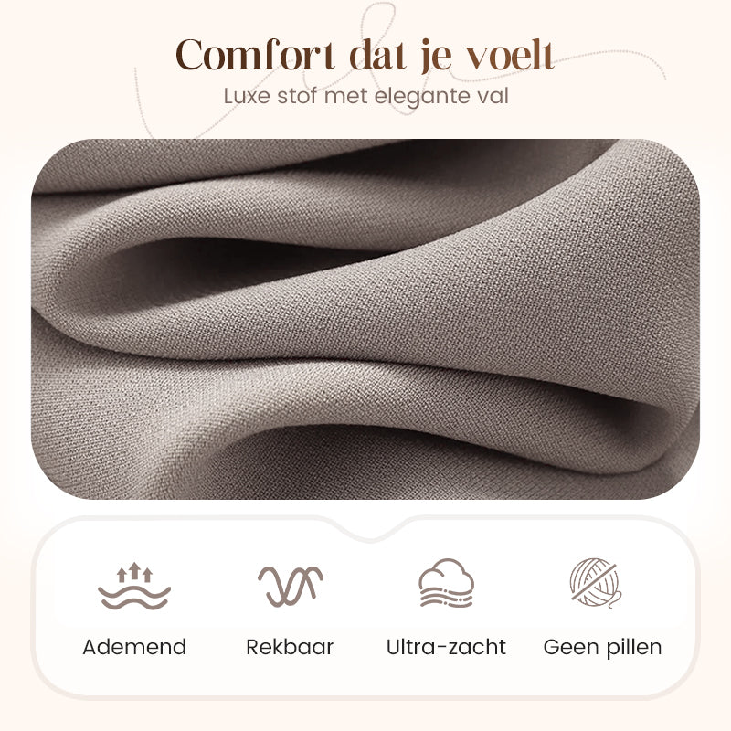 Soraya 3-delige set, detail van de soepele stof met vloeiende val – Elyssor Fashion