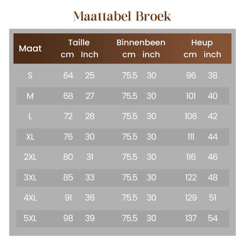 Soraya 3-delige set maattabel van de broek met taille, binnenbeenlengte en heupwijdte – Elyssor Fashion