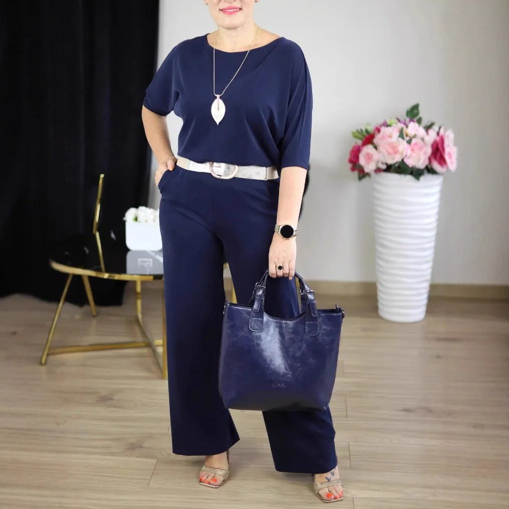 Soraya 3-delige set met top en wijde broek met riem, marineblauw – Elyssor Fashion