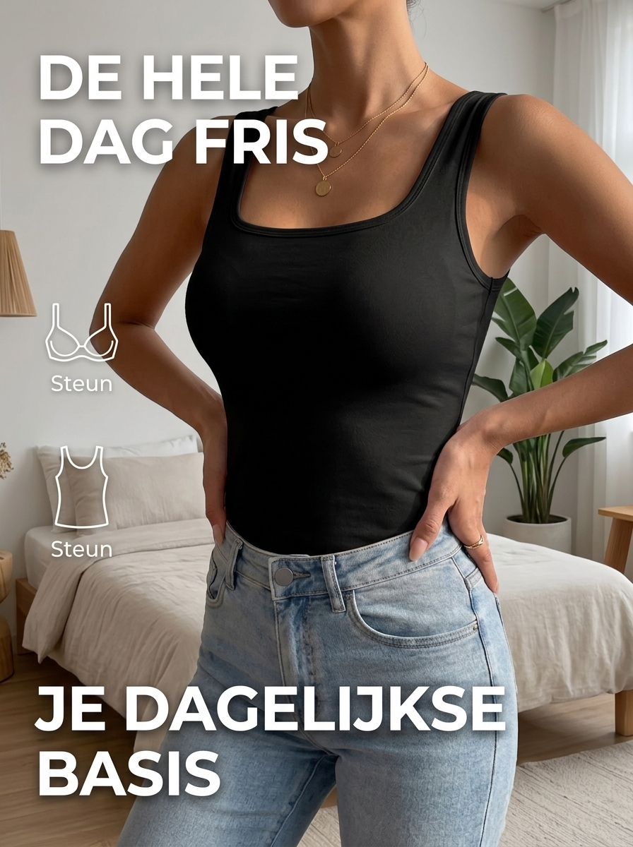 Vittoria support tanktop in zwart met tekst De hele dag fris, je dagelijkse basis – Elyssor Fashion