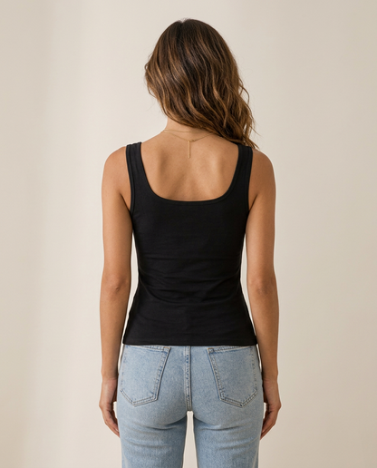 Vittoria support tanktop in zwart, achteraanzicht met open rug – Elyssor Fashion